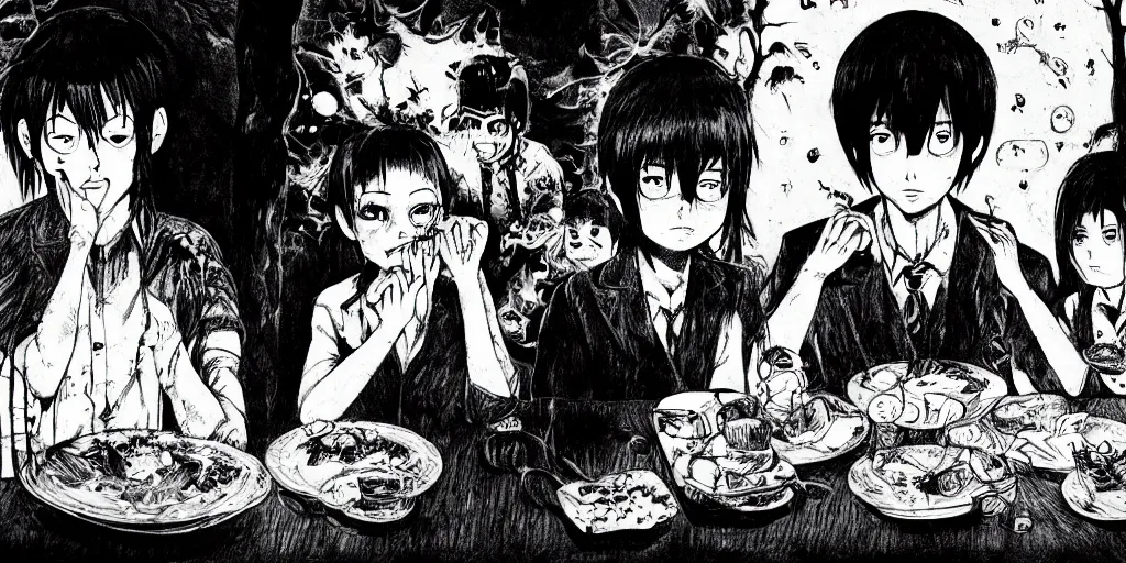 Prompt: A happy family eating dinner, horror, creepy, dark, manga, pencil, inspired by junji ito, superior quality, masterpiece