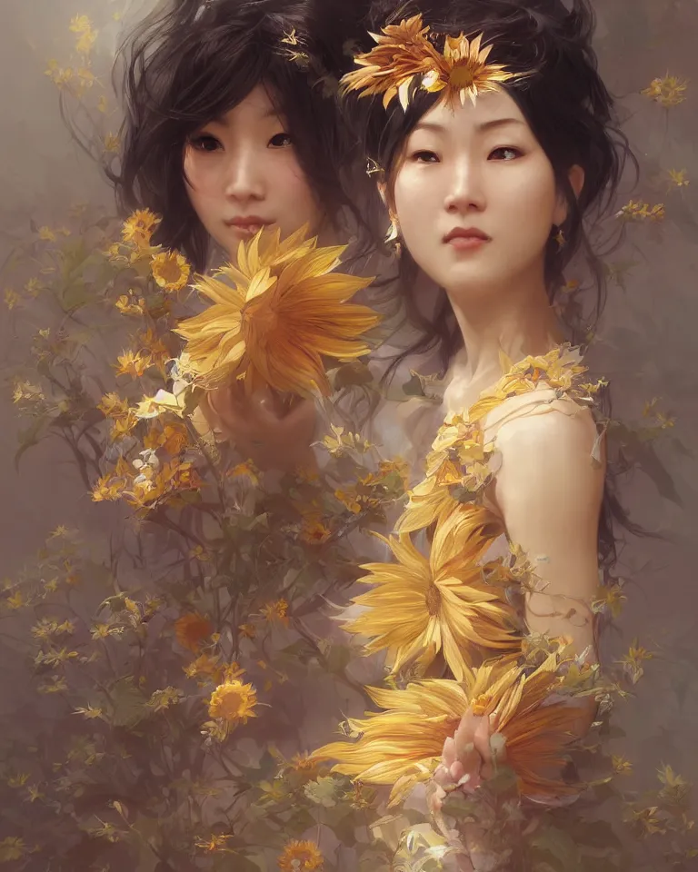 Prompt: character concept portrait of the sunflower goddess, an beautiful east-asian deity that channels sunlight and brings joy, intricate, elegant, digital painting, concept art, smooth, sharp focus, illustration, from Metal Gear, by Ruan Jia and Mandy Jurgens and William-Adolphe Bouguereau, Artgerm