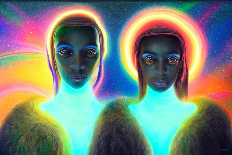 Image similar to patron saint of 🛸🌈👩🏾, futuristic iridescent clothing, wormhole, nebula, black hole, multiverse, neon god of city character portrait, in the style of margaret keane, moebius, tom bagshaw, and waterhouse, cinematic lighting, beautiful, elegant, oil painting,