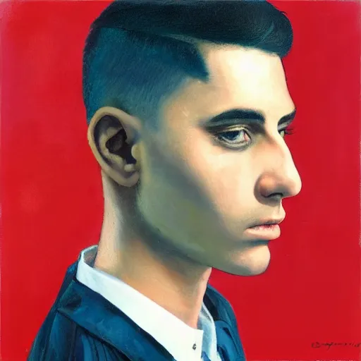 Image similar to a man with short black hair and shaved sides looks over his shoulder into the camera, oil painting, red background, album cover