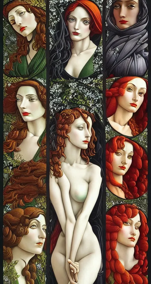 Image similar to 12 figures, representing the 4 seasons, (3 are Winter, 3 are Spring, 3 are Summer and 3 are Autumn), in a mixed style of Botticelli and Æon Flux!!, inspired by pre-raphaelite paintings, and cyberpunk!!!, stunningly detailed, stunning inking lines, flat colors, 4K photorealistic