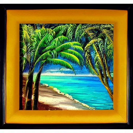 Prompt: framed painting of a beautiful tropical landscape