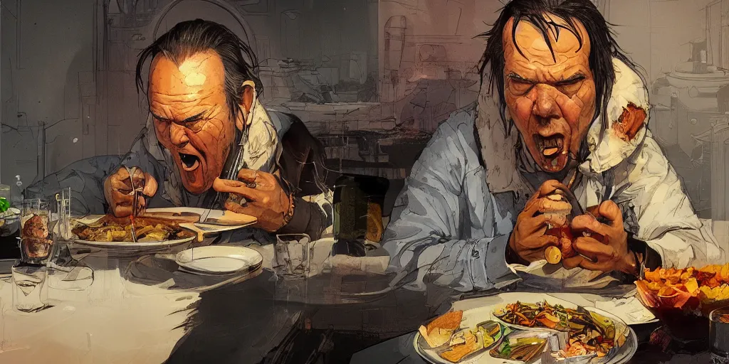 Image similar to cartoonish neil young eating dinner, vivid colors, character sheet, fine details, concept design, contrast, kim jung gi, greg rutkowski, trending on artstation, 8 k, full body, turnaround, front view, back view, ultra wide angle