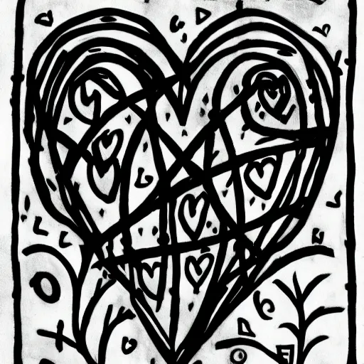 Image similar to black and white drawing of a heart covered with thorns, very contrasted