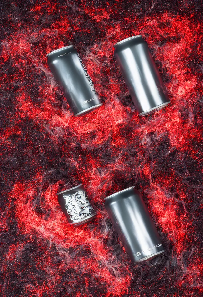 Prompt: one single giant aluminium can of a dragon-flavored energy drink, silver and red design, professional studio photography, black sand and red lava background, packshot