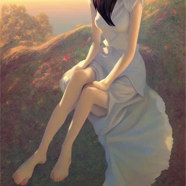 Image similar to infinitely detailed full - body portrait pale female peaceful dream angel wearing elegant clothes. beautiful! scenery art! by wlop & murata range, by ilya kuvshinov. artstation!! / pixiv!!