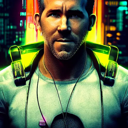 Image similar to ryan reynolds portrait, cyberpunk 2 0 7 7, cyberpunk, photorealistic, ultra detailed, neon, octane, bokeh, cinematic lighting, cyber, cyberpunk city, studio quality, feature, scars, cyberface, 8 k