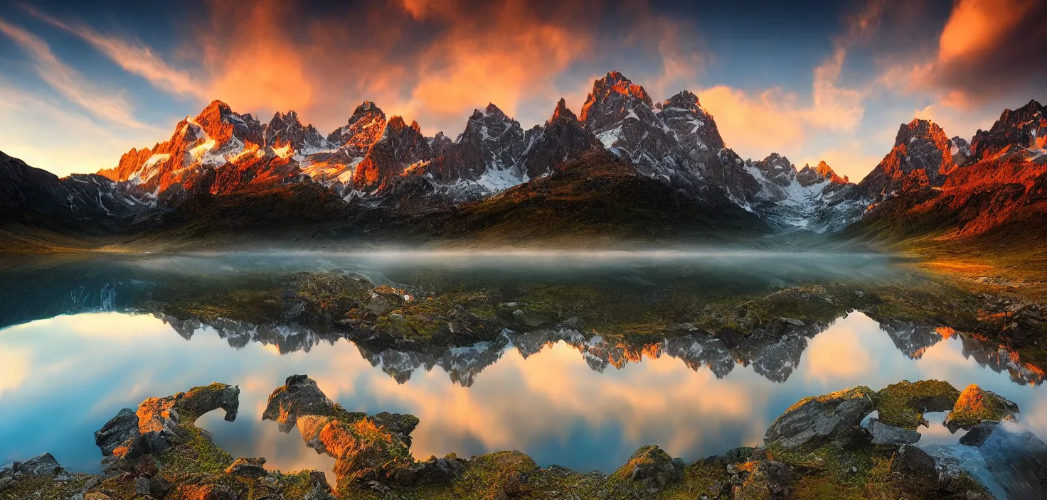 Image similar to amazing landscape photo of mountains with lake in sunset by marc adamus, beautiful dramatic lighting