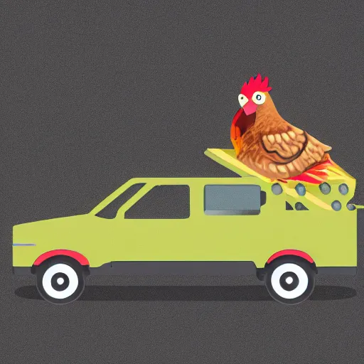 Prompt: chicken on top of a car, vector graphics, isometric view