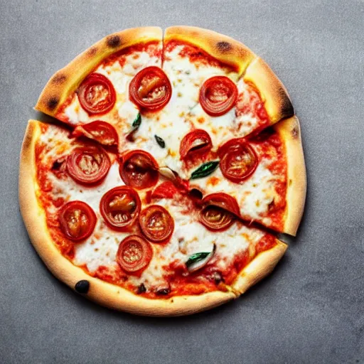 Prompt: a pizza with eyes and fingers and tomatoes cheese on it, top view