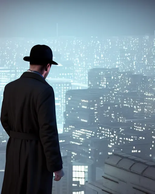 Prompt: a night rooftop scene, close up shot of a photorealistic gangster wearing a trench coat looking at the city below, unreal engine, hyper realism, realistic shading, global illumination