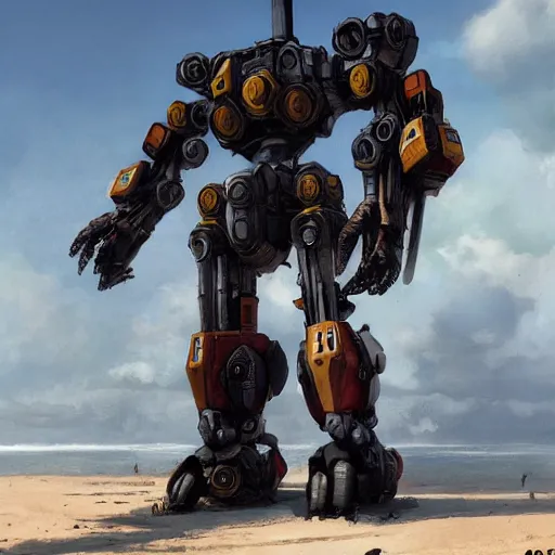 Prompt: mega mech at the beach, realistic, 8 k, extremely detailed, cgi, trending on artstation, hyper - realistic render, by greg rutkowski