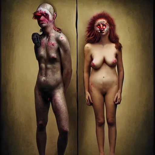 Prompt: the blasphemous caricature of the male and female body, hyperealistic detailed photography, divinity, awful, religious art