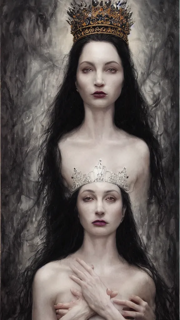 Image similar to a beautiful black haired woman with pale skin and a crown on her head sitted on an intricate metal throne, intimidating woman, large black eyes, high forehead, smooth pale skin, ethereal skin, ominous, eldritch. oil painting by nuri iyem, james gurney, james jean, greg rutkowski, highly detailed, soft lighting, chiaroscuro