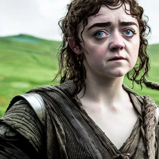 Image similar to first photos of 2 0 2 4 female lotr remake - maisie williams as frodo, ( eos 5 ds r, iso 1 0 0, f / 8, 1 / 1 2 5, 8 4 mm, postprocessed, crisp face, facial features )