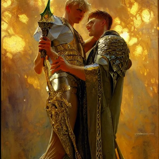 Image similar to stunning arthur pendragon in love with stunning male merlin the mage. they are close to each other. highly detailed painting by gaston bussiere, craig mullins, j. c. leyendecker