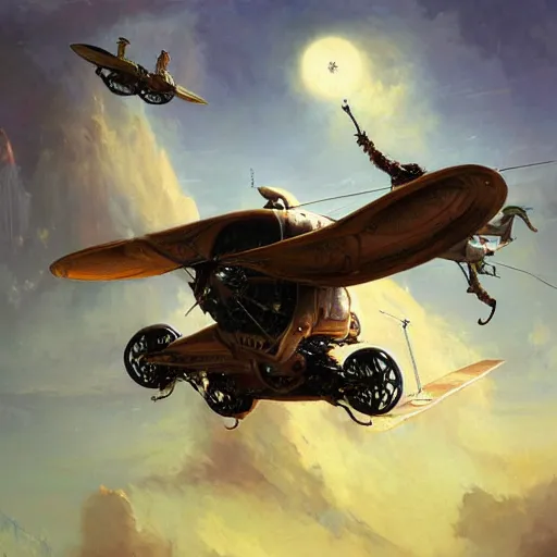 Prompt: a steam punk fantasy flying vehicle, matte painting, by thomas Cole, James Gurney, Craig mullins, RHADS, Trending on Artstation