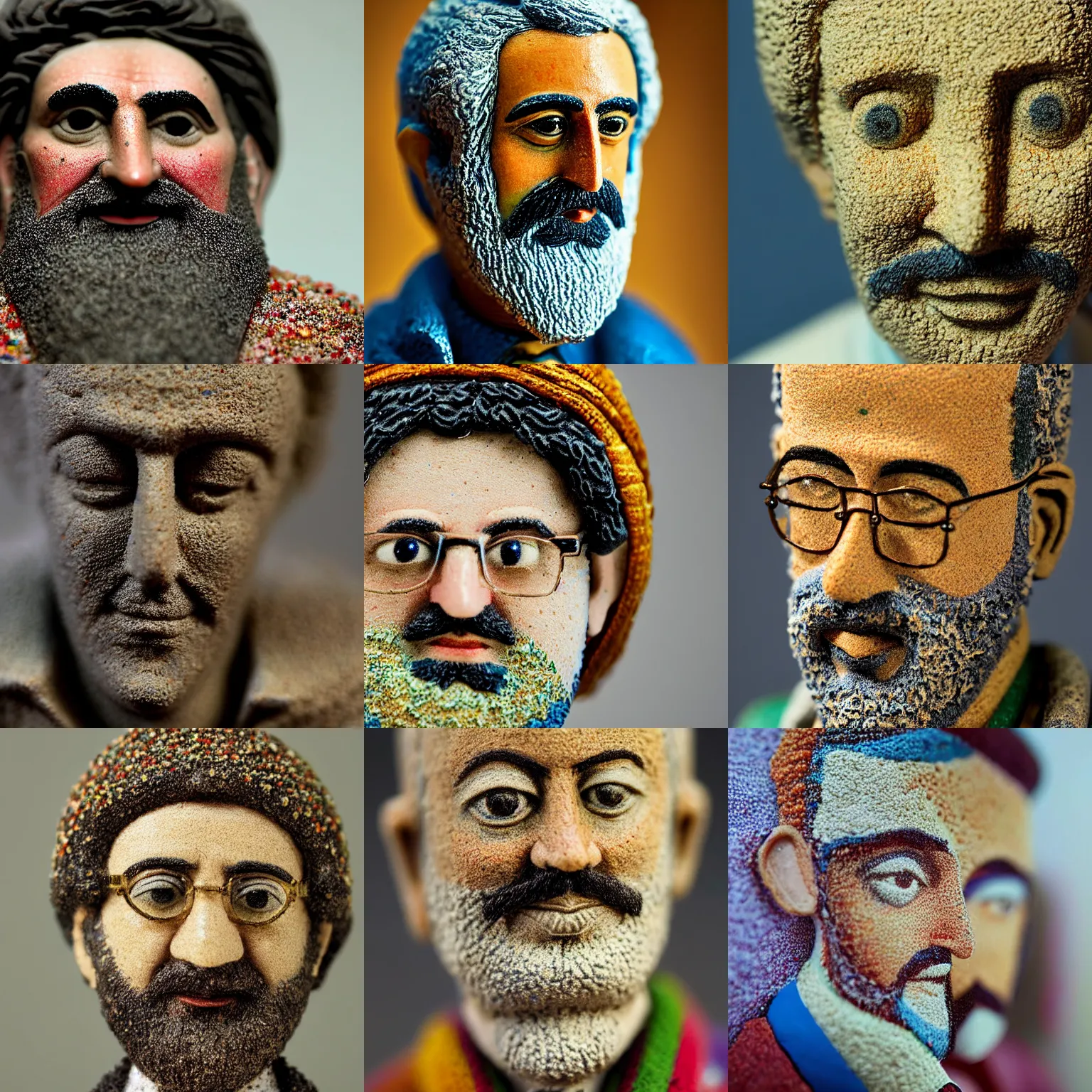 Prompt: close up portrait of a carpeted figurine of a Iranian scientist, masterful work, colourful, lots of detail, depth of field, intricate, delicate, by Jonas Jensen, Magnum photos