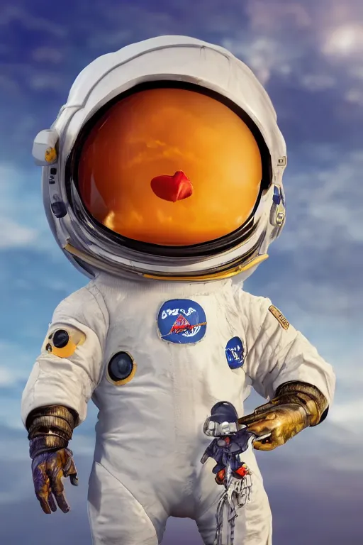 Image similar to a lonely chicken wearing a space suit without helmet in a alien planet, profile picture, digital art, concept art, trending on DeviantArt, highly detailed, high quality, 4K, cartoon, high coherence, path traced, blue sky in the background, octane render, digital painting, no helmet, masterpiece, anatomically correct, hyperrealistic