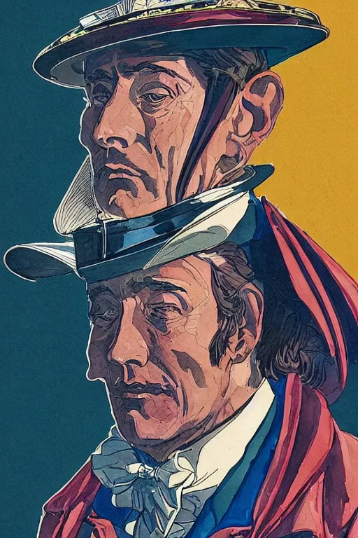 Image similar to zoomed out portrait of a duke, victorian era, art deco style, stylized illustration by moebius and juan gimenez, watercolor gouache detailed paintings in style of syd mead, ridley scott, metabaron, ghibli studio vibe, vivid colorful comics style, clean line, diesel punk, artstation