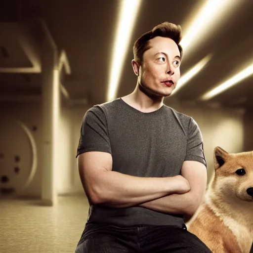 Image similar to Elon Musk with doge body, realistic artstyle, wide shot, dramatic lighting, octane render, hyperrealistic, high quality, highly detailed, HD, beautiful, cinematic, 8k, unreal engine, facial accuracy, symmetrical