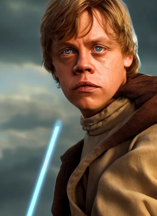 a medium shot photography of young mark hamill as luke skywalker in return  of the jedi + expressive face + science-fiction landscape)) :: beautiful  photography with highly detailed face :: intricate +