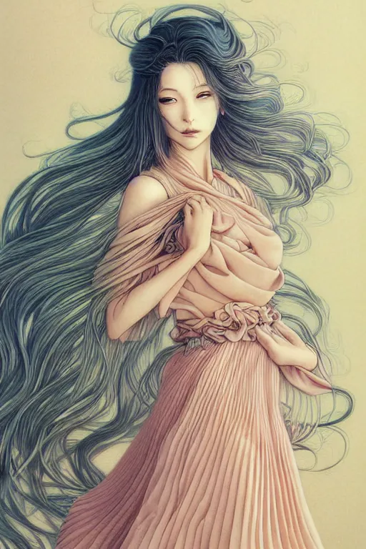 Image similar to beautiful portrait pastel painting of a female, blush, pleated skirt, flowing hair, slim face, elegant, by yoichi hatakenaka, masamune shirow, josan gonzales and dan mumford, ayami kojima, takato yamamoto, barclay shaw, karol bak, yukito kishiro