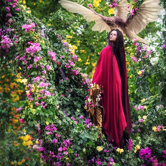 Prompt: a harpy wearing a cloak made of flowers, by Omar Z. Robles, CANON Eos C300, ƒ1.8, 35mm, 8K, medium-format print