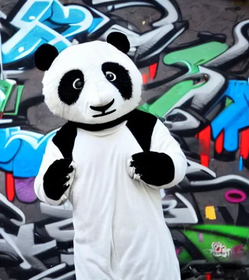 Prompt: photograph of a sad man wearing a panda costume, graffiti wall background