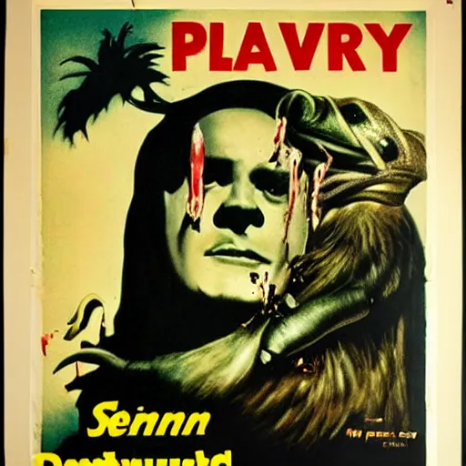 Prompt: vintage horror film poster of movie starring a platypus who kills people while playing darts