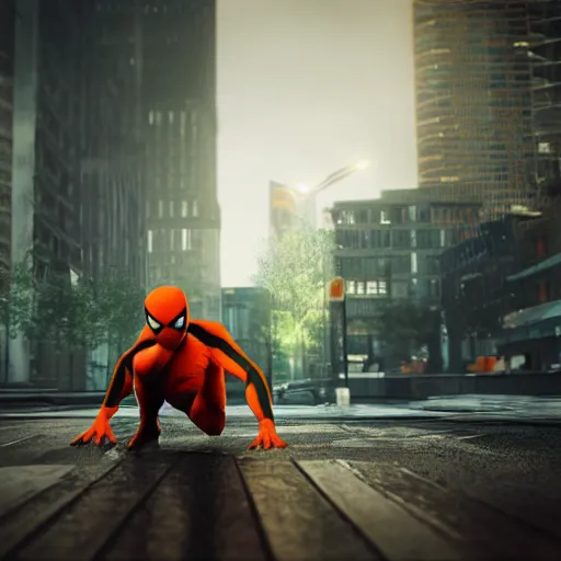 Image similar to moody atmospheric render of an orange and green spiderman by wlop made with unreal engine