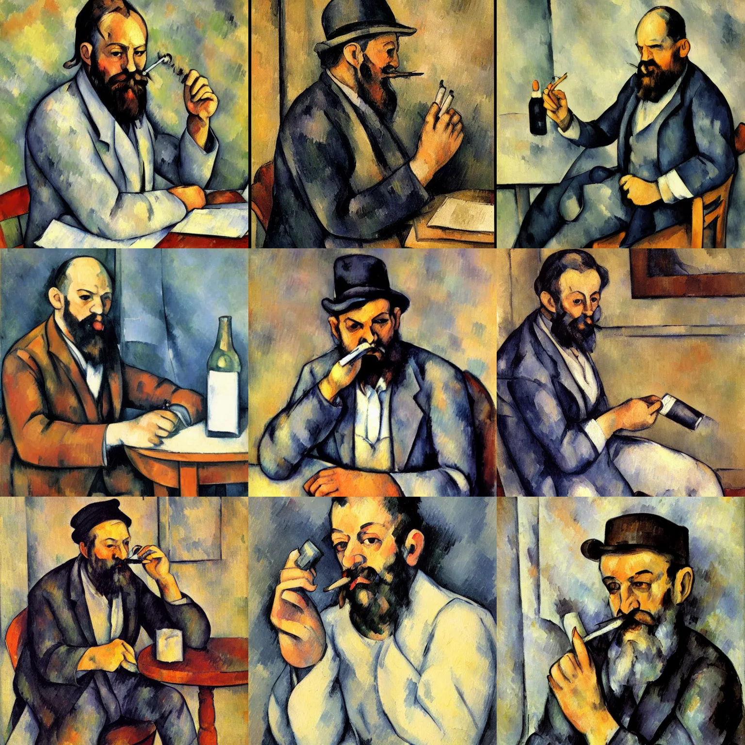 Prompt: Cezanne painting of a writer with a beard sitting, he is smoking a cigarette, he is holding a bottle in his other hand, artstation, highly detailed, realistic