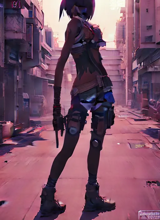 Image similar to hyper - realistic cyberpunk anime girl standing on tokyo street, extreme detail, alluring, in style of yoji shinkawa, pan ren wei, col price, atey ghailan, by greg rutkowski, by greg tocchini, by james gilleard, by joe fenton, by kaethe butcher, grunge aesthetic