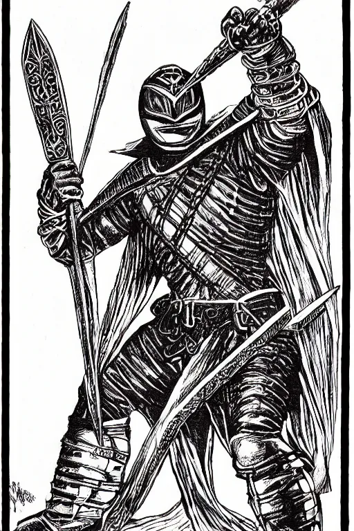 Prompt: a medieval power ranger as a d & d monster, pen - and - ink illustration, etching, by russ nicholson, david a trampier, larry elmore, 1 9 8 1, hq scan, intricate details, high contrast