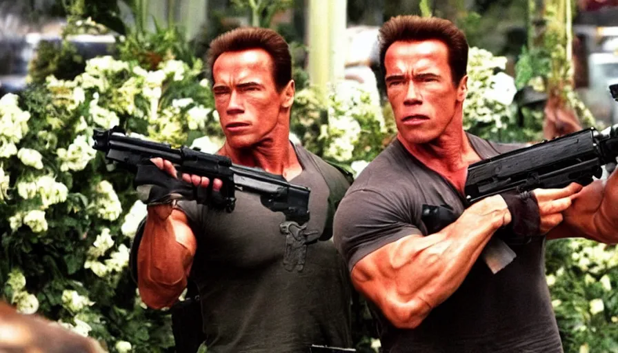 Image similar to big budget action movie where arnold schwarzenegger shoots a minigun at a florist.