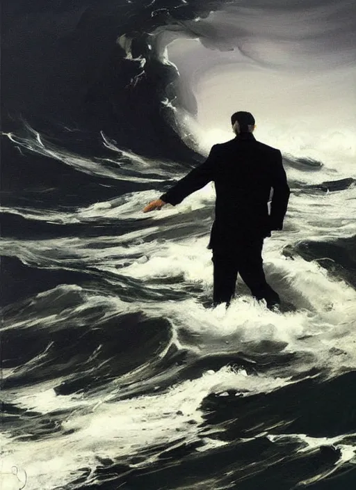 Image similar to black ocean, crashing waves, dale cooper standing alone amidst waves, lonely!!!!! painting by phil hale, fransico goya,'action lines '!!!, graphic style, visible brushstrokes, motion blur, blurry, visible paint texture, crisp hd image