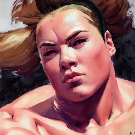 Prompt: greg manchess portrait of thick muscular weightlifter zarya from overwatch with ponytail and blond hair sleeping on bed, medium shot, asymmetrical, profile picture, organic painting, sunny day, matte painting, bold shapes, hard edges, street art, trending on artstation, by huang guangjian and gil elvgren and sachin teng