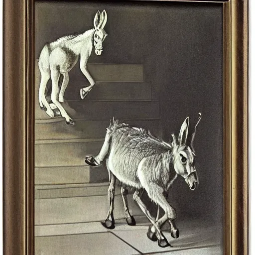 Prompt: a donkey and a hare, wolking on the stairs