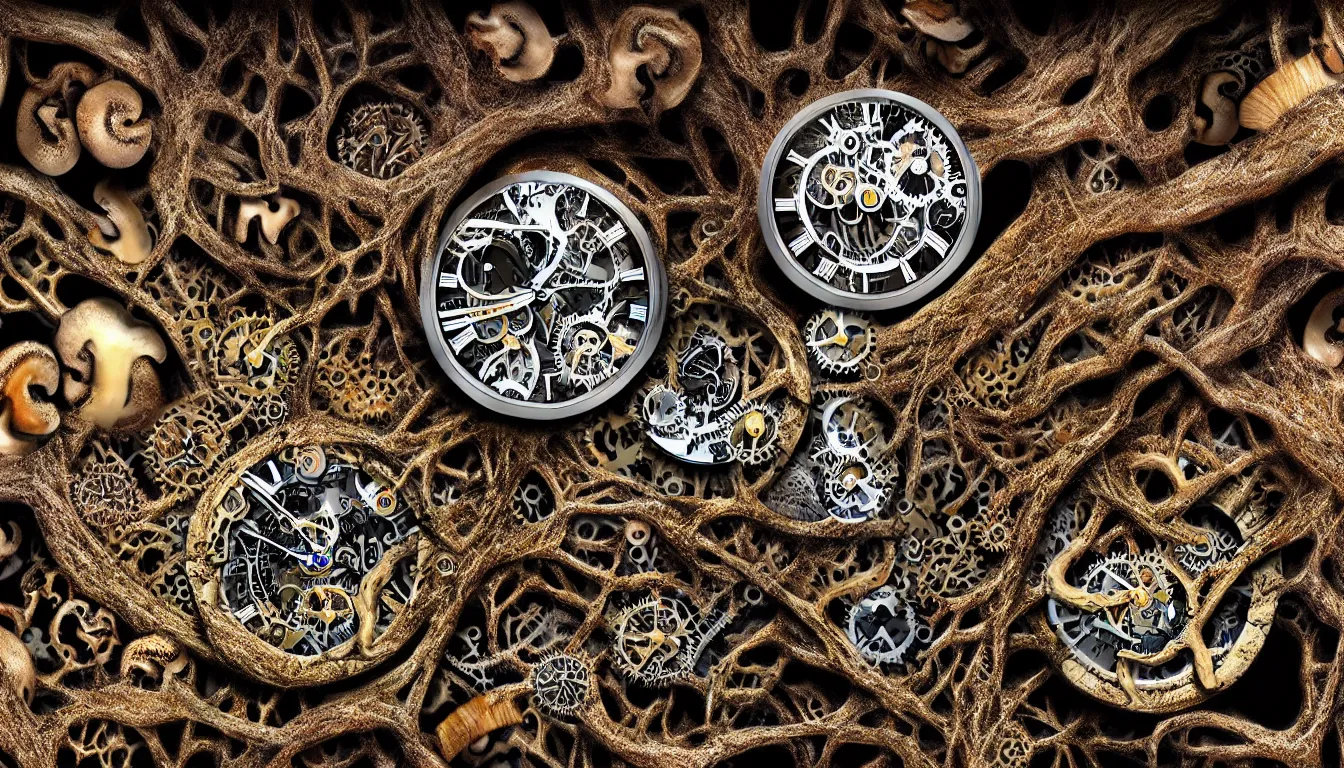 Image similar to detailed view from inside wet ink a clockwork watch bone landscape, entangled roots covered in mushrooms, cracked earth, growing living spore microorganisms, decaying skeletons, rusty, hyper realistic photo, full colour, upscale, 8 k