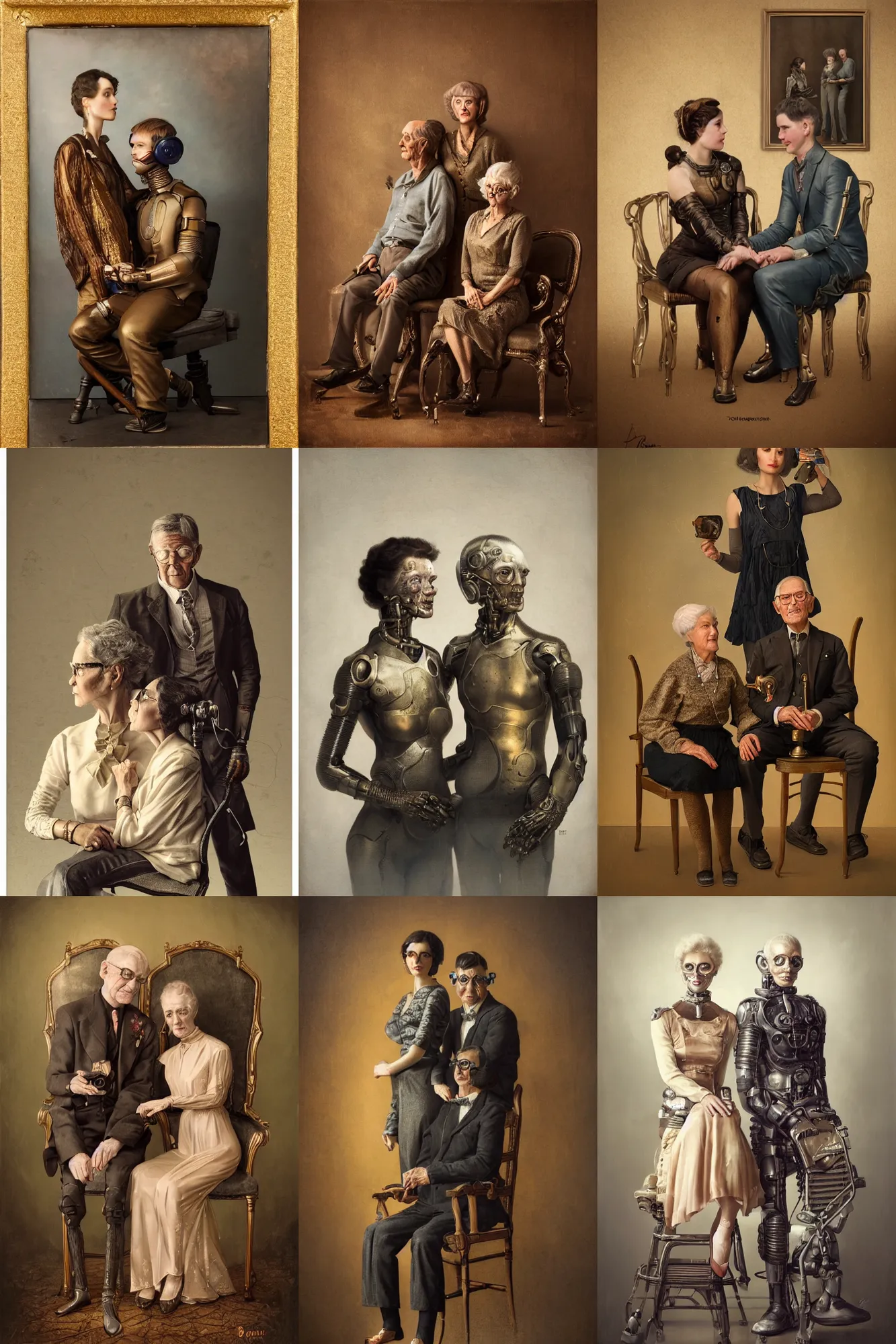 Prompt: a beautiful ultradetailed fine art old vintage couples portrait photo of cyborgs sitting on a chair and standing, by tom bagshaw, couples portrait, vignette, 35mm lens, golden ratio composition, studio photography, very detailed, artstation, 8k, highly coherent