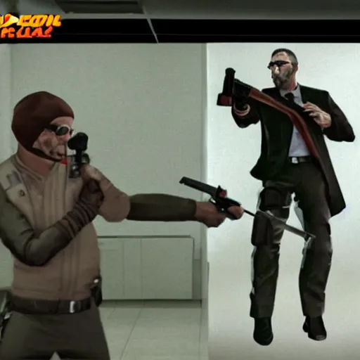 Image similar to gordon freeman vs james bond photorealistic gun fight in an abandoned hospital halflife goldeneye