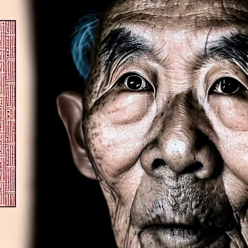 Prompt: a portrait of nonagenarian justin sun with qrcode tattoo on face in prison looking through the laser of his cell, by annie leibovitz, shallow depth of field, cinematic lighting, colorful dystopian futurism