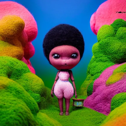 Prompt: symmetry!, wide angle dynamic portrait of a chibbi black girl with a colorful afro in a futuristic jungle heaven zen garden, macrophotography, felt texture, amigurumi by mark ryden and todd schorr and mark davis and zdislaw beksinski in a surreal lowbrow style, digital paint, matte paint, vivid synthwave colors, breathtaking landscape