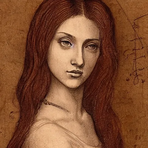 Image similar to a finished, detailed portrait drawing with reddish brown ink on parchment of a very young italian woman resembling scarlett johansson and ana de armas, by leonardo davinci in davinci's style from one of his notebooks