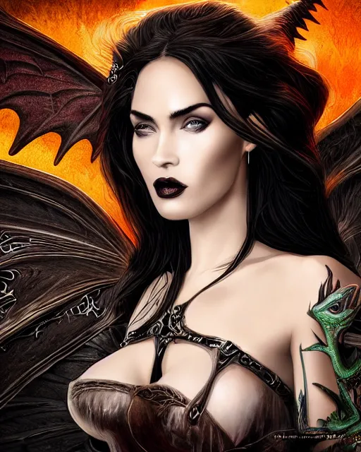 Prompt: very complex hyper-maximalist overdetailed cinematic tribal darkfantasy closeup macro portrait of a malignant beautiful young dragon queen megan fox with long black hair and dragon scale wings, Magic the gathering, pale skin and dark eyes,flirting smiling succubus confident seductive, gothic, windblown hair, vibrant high contrast, by andrei riabovitchev, tomasz alen kopera,moleksandra shchaslyva, peter mohrbacher, Omnious intricate, octane, moebius, arney freytag, Fashion photo shoot, glamorous pose, trending on ArtStation, dramatic lighting, ice, fire and smoke, orthodox symbolism Diesel punk, mist, ambient occlusion, volumetric lighting, Lord of the rings, BioShock, glamorous, emotional, tattoos,shot in the photo studio, professional studio lighting, backlit, rim lightingDeviant-art, hyper detailed illustration, 8k