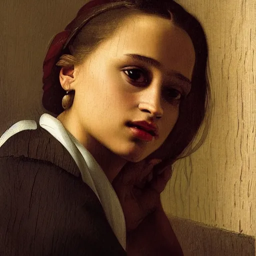 Prompt: a highly detailed, beautifully lit close portrait of a pretty, young alicia vikander resting her head on a table by an open window, oil painting portrait by vermeer and bouguereau and waterhouse