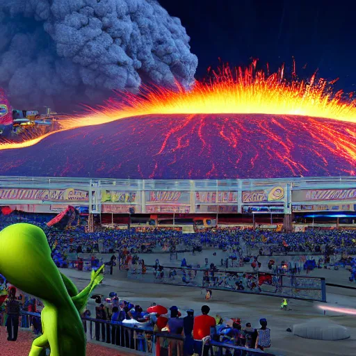 Prompt: baseball stadium invaded on the 4 th of july by alien, volcano eruption in the background, foreground has a surfer surfing radioactive waste, highly detailed, 8 k, disney, pixar, 3 d rendering