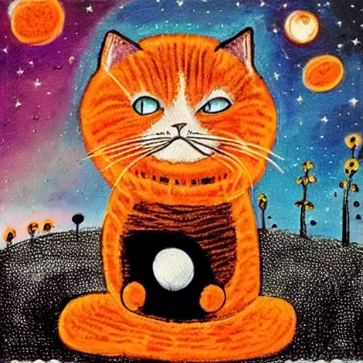 Prompt: A fuzzy orange cat sitting on planet earth, space with stars in the background, Tim Burton’s Art Style