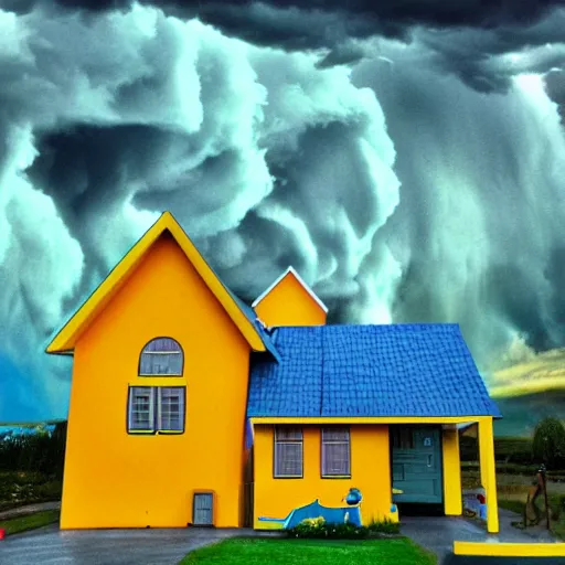 Prompt: bart simpson themed house under a stormy sky