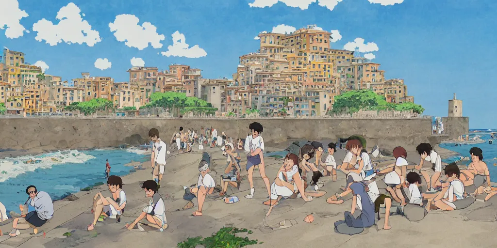 Prompt: wholesome animation studio Ghibli of young guys on the beach in the city of Genova. Sharp bloom dramatic lightning. Sunny day.